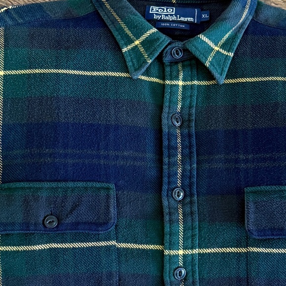 Vintage Polo Ralph Lauren Flannel Green Navy Plaid Shacket Button Shirt Men XL - Picture 1 of 7